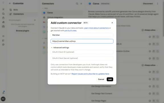 Claude custom connector dialog
